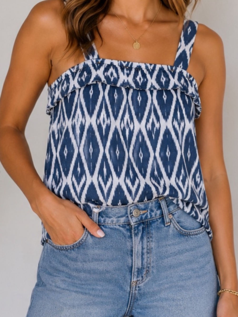 J. Crew Geometric Print Peasant Ruffle Flounce Cropped Cotton Tank Top Size 2‎